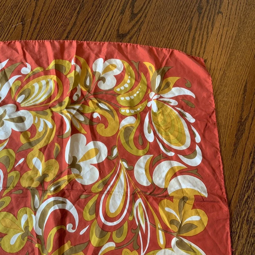 VTG Silk Hand Rolled Scarf Pennsylvania Dutch Mod Graphic Mid Century Boho EUC